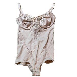 Vintage Subtract Shapewear Bodysuit Size 34D Beige Lace Trim Nylon Spandex Union